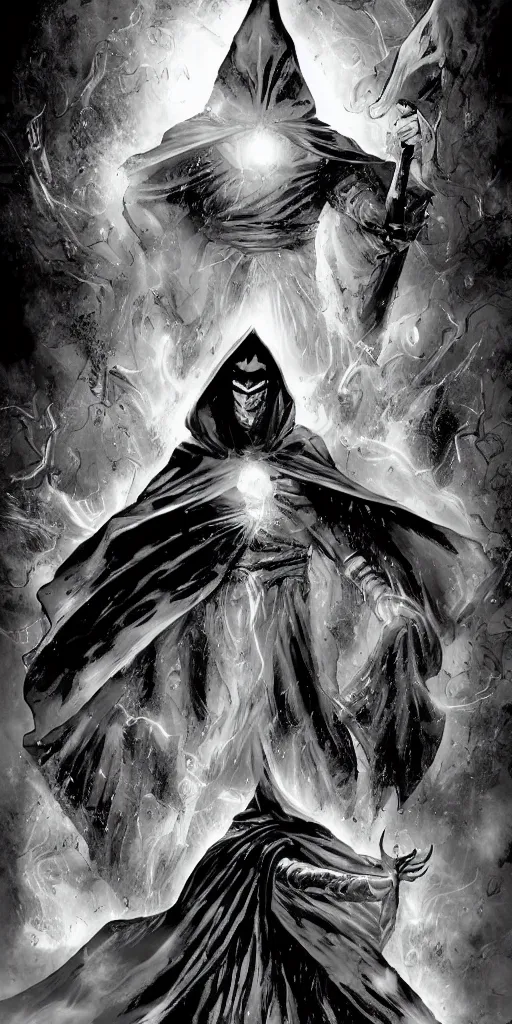 Image similar to A comic book cover page of a cloaked mage, digital art, comic book, detailed, greyscale