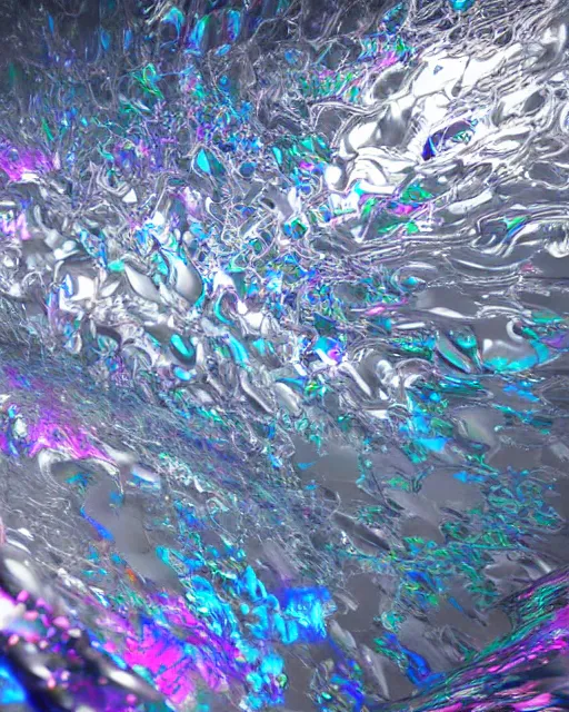 Image similar to organic white shimmering iridescent metal fluid floating in the void hallucinating on psychedelics, creative VFX, no text, rendered with octane, hyper realistic, hyper detailed, surreal, futuristic, 8k