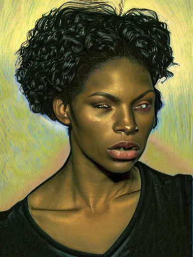 Prompt: portrait of a modern (black) woman wearing a dark shirt, upper body 2d game avatar, Donato Giancola, Kodak film stock, chiaroscuro lighting, default pose neutral expression, expressionist colour, face-on head shot, close-up, eye-contact, sharp focus, shape language, Alphonse Mucha/Gustav Klimt style, alpha masked transparent flat grey background, 4k, volumetric lighting, French Nouveau, trending on artstation, octane render, ultra detailed, hyperrealistic