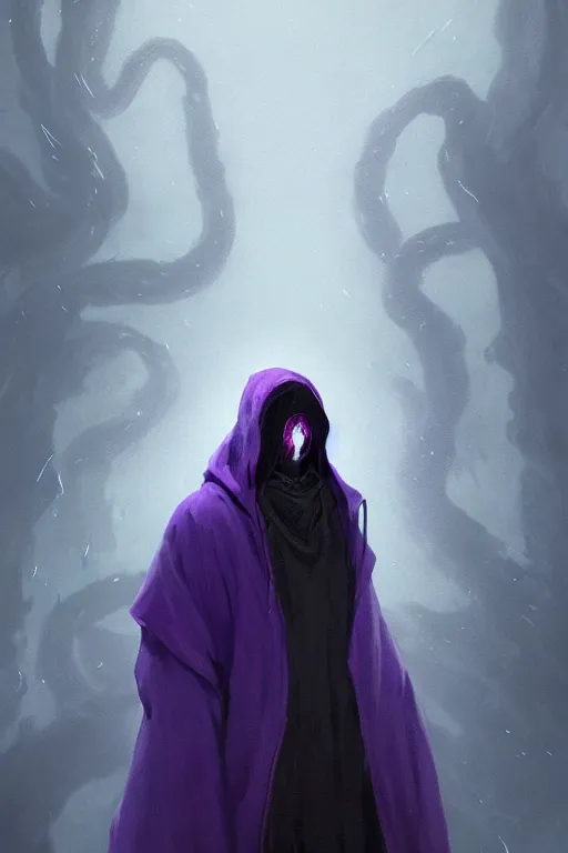 Prompt: A full body portrait of a mysterious character with no face with a very long hooded dark purple cloak tentacles coming out the ground art by Maciej Kuciara and Jason Chan, ominous, cosmic horror, trending on artstation, detailed, realistic 4k