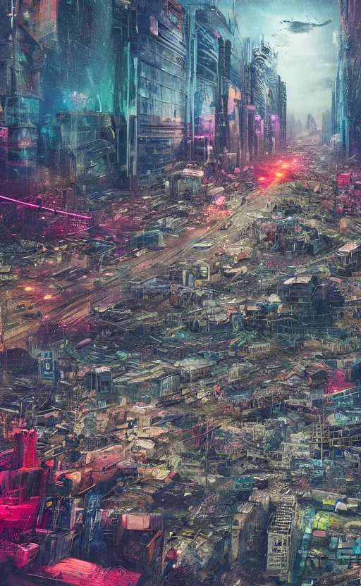 Prompt: award winning Photography of a decaying city in the sky, cyberpunk, midsommar, full of color,