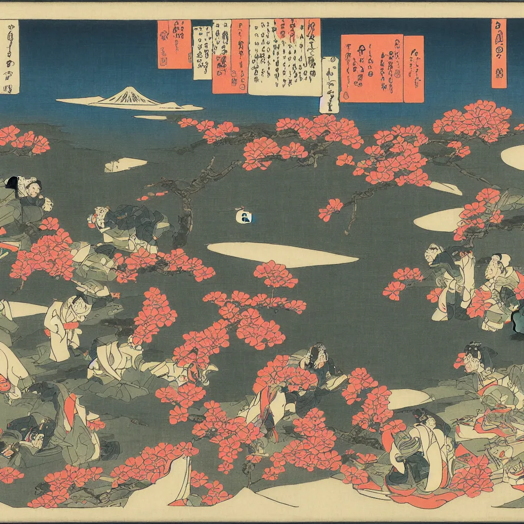 Image similar to Robots fighting in front of Mt Fuji, cherry blossoms, Ukiyo-e by Utagawa Kuniyoshi