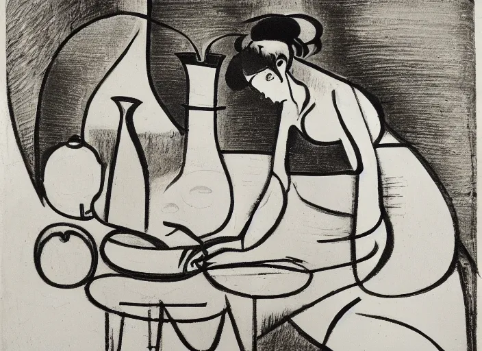 Prompt: abstract stylized pen and ink drawing on white paper of a woman sitting at a pottery wheel working on a vase, picasso, franz kline van gogh, miro, vermeer