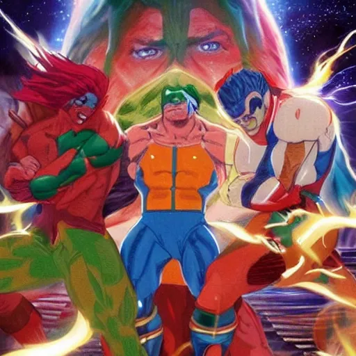 Image similar to epic scene hyper realistic version of captain planet, earth, wind, fire, love, light, fight, live action, awesome,