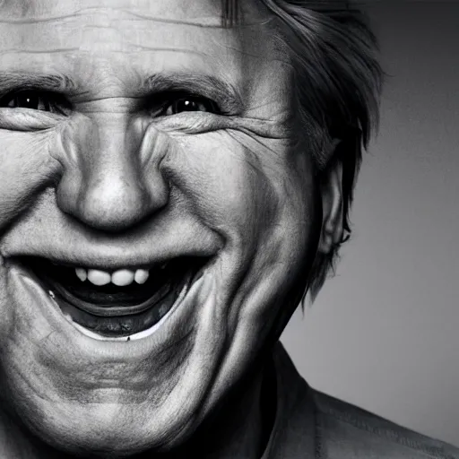 Image similar to centered detailed portrait of a caricature of Gary Busey smiling by Alina Ivanchenko,Alessio Albi and Shin JeongHo, shot on 70mm, hyper realism,