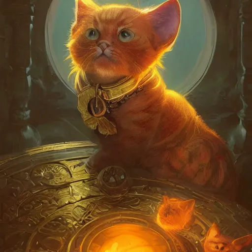 Image similar to fat orange cat, D&D, fantasy, intricate, elegant, highly detailed, digital painting, artstation, octane render, concept art, matte, sharp focus, illustration, hearthstone, art by Artgerm and Greg Rutkowski and Alphonse Mucha