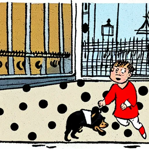 Image similar to illustration of french boy on the streets of paris playing football against a corgi, the dog is wearing a polka dot scarf, comic, 1 9 6 3