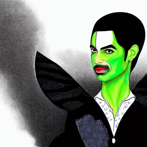 Prompt: an illustration of prince as two face. half his face is white with green hair.