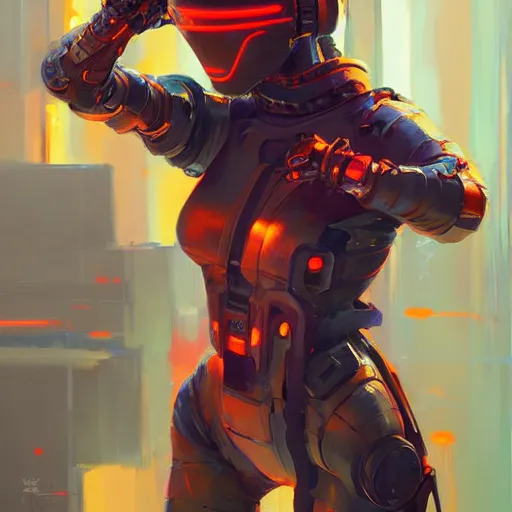 Prompt: stylized cybernetic ninja - cyberpunk girl body, wearing techwear and armor, complementary colors, highly detailed, artstation, concept art, smooth, sharp focus, illustration, art by artgerm, by greg rutkowski, by jeremy mann, by francoise nielly, oil painting