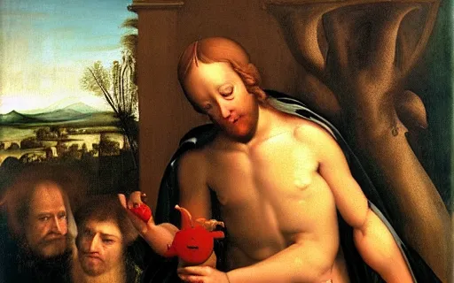 Prompt: renaissance painting depicting a man with a little devil on his shoulder convincing him to screenshot nfts