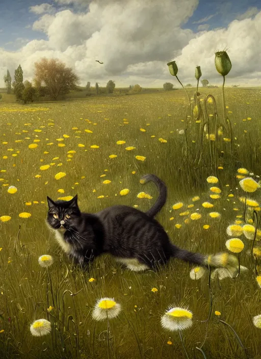 Prompt: the cat in the field from : dandelions, poppy and tulip, chamomile, hyperrealism, no blur, 4 k resolution, ultra detailed, style of ivan shishkin, tyler edlin, tom bagshaw, arthur rackham,