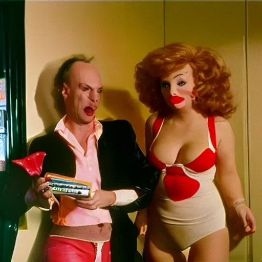 Image similar to bored housewife meets a man with an inflatable cartoon face in a seedy motel room, 1982 color Fellini film, archival footage, technicolor film, 16mm, live action, John Waters, wacky children's tv with anthropomorphic head