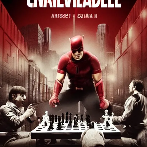 Prompt: daredevil playing chess, movie poster, marvel