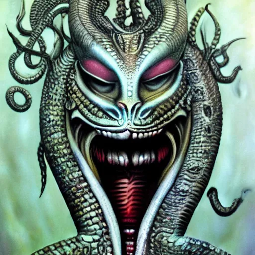 Image similar to naga serpent god, giger airbrush painting, highly detailed, intricate, beautiful craftsmanship,