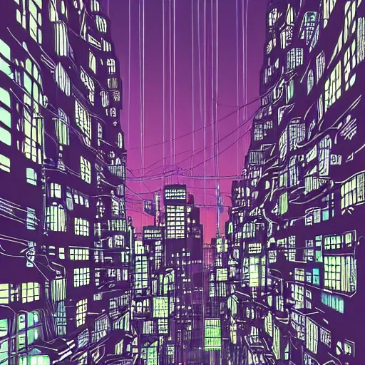 Image similar to a cyberpunks city drawn in the style of Hirohiko Araki, coloured, raining. Wires hanging from buildings. Dark tone, moonlight, stars