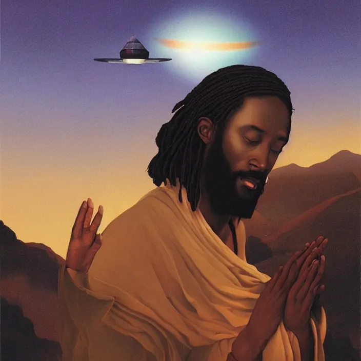 Image similar to UFO hovering over an African Jesus ,painting by Hsiao-Ron Cheng,