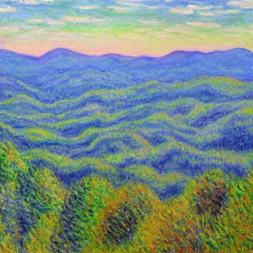 Image similar to asheville skyline from beaucatcher mountain, in the style of claude monet, watercolor, beautiful, scenic, award winning, 4 k, hd