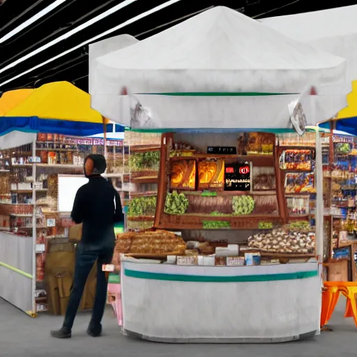 Image similar to a scene of a market stall at a trade show in the style of the film'minority report'taken from a distance, cinematic, dslr, unreal engine, hyper realistic