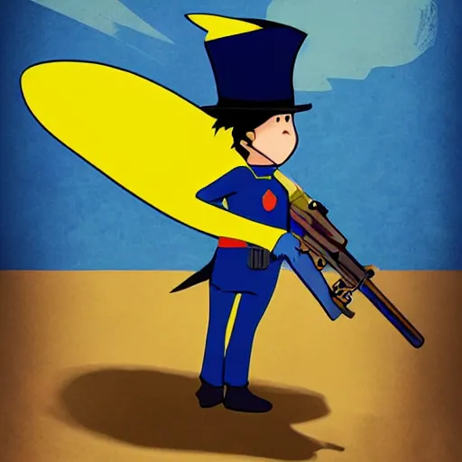 Image similar to superhero with tophat and a rifle in blue and yellow clothes, digital art, trending on artstation, by studio ghibli