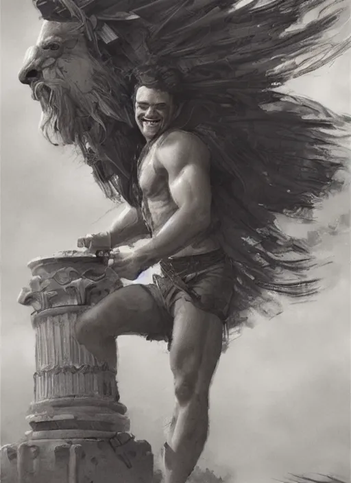 Prompt: illustration of young tim robbins with dark brown hair and a big bushy beard, big muscles, holding a greek column on his shoulder and grinning by greg rutkowski, bayard wu