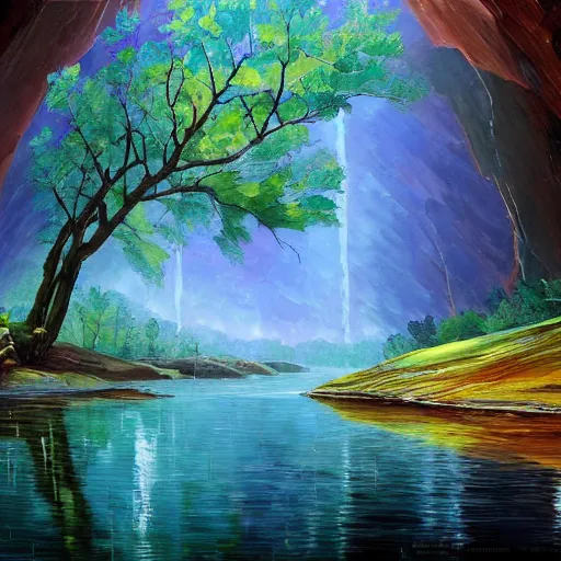 Prompt: A beautiful, highly detailed, very realistic oil painting of a single tree with rainbow leaves, next to a small river, glowing bright blue in the middle of a huge, very dark cave, with lots of dark grey rocks, oil painting by Afremov and Greg Rutkowski.