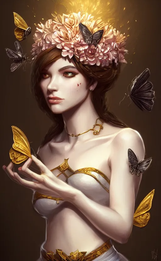 Prompt: female magician wide angle view, flowers and butterflies, gold, black, white, diamonds, highly detailed, artgerm, cushart krenz, artstation, soft light, sharp focus, illustration, character design, concept art