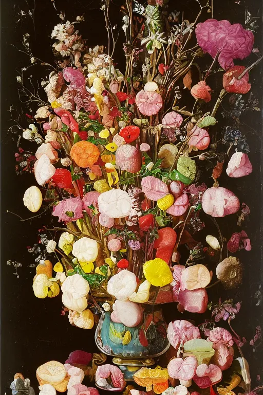 Image similar to still life of a bouquet of flowers made of gummy bears and jelly beans, rubbery translucent sweets, highly detailed, close up, Northern Renaissance