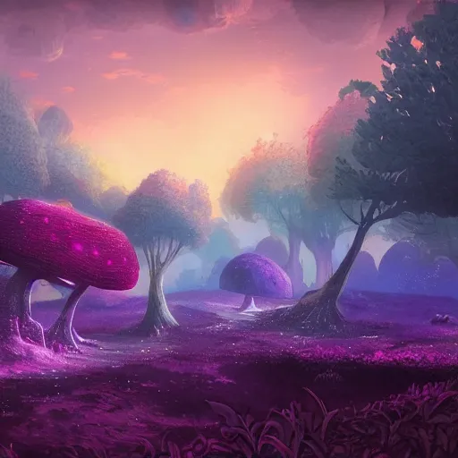 Image similar to concept art painting of a fantasy alien fungal landscape at night, magenta trees, glowing blue mushrooms, village of houses made of mushrooms, dark purple sky, realistic, detailed, cel shaded, in the style of makoto shinkai and greg rutkowski and albert bierstadt and james gurney