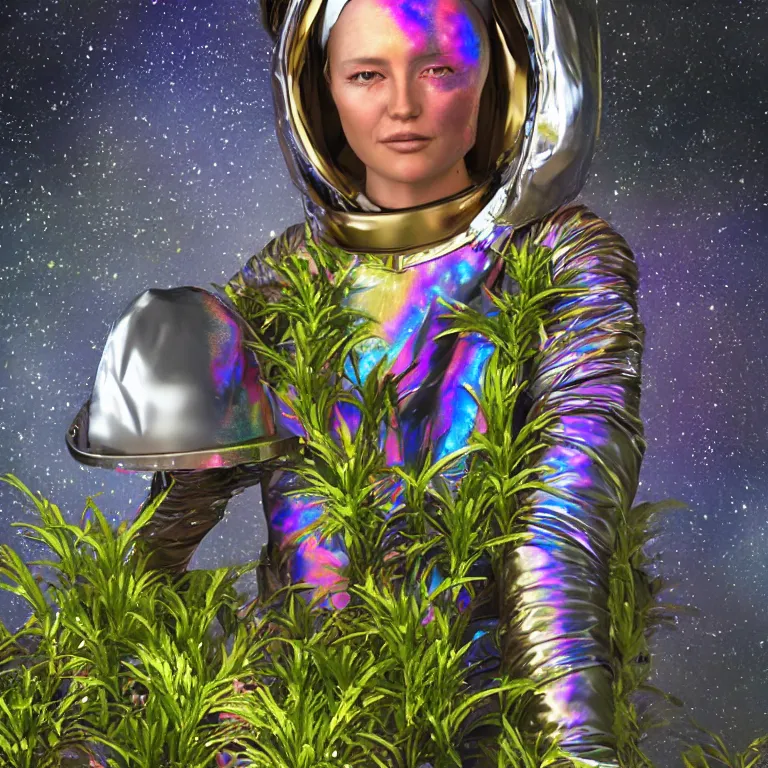 Prompt: octane render portrait by wayne barlow and carlo crivelli and glenn fabry, subject is a woman covered in tie - dye exoticic flamboyant aluminum foil space suit with a iridescent metallic space helmet, surrounded by alien plants, cinema 4 d, ray traced lighting, very short depth of field, bokeh