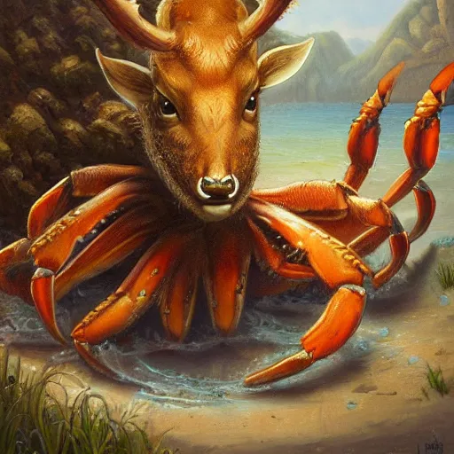 Image similar to deer - crab creature, oil painting by justin gerard, deviantart