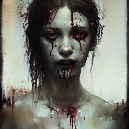 Image similar to beautiful girl turning into a zombie, intricate, art by greg rutkowski, high detailed, 4 k,