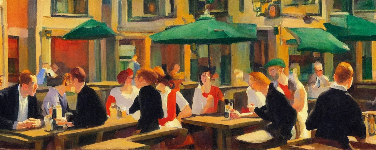 Image similar to a lively group of beer lovers drinking at a pub in the city next to a local park, picture in the style of edward hopper, clear faces