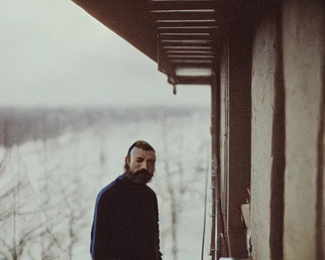 Image similar to lomographic tarkovsky film still of 4 0 years russian man with beard and sweater standing on small hrushevka 9 th floor balcony in taiga looking at sunset, perfect faces, cinestill, bokeh