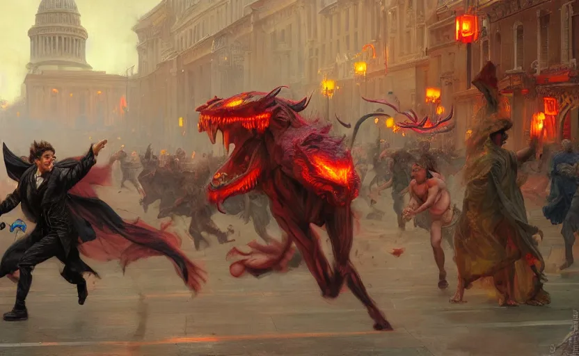 Image similar to demon running through the streets of the capital by kev walker and vladimir volegov and alexander averin and delphin enjolras and daniel f. gerhartz