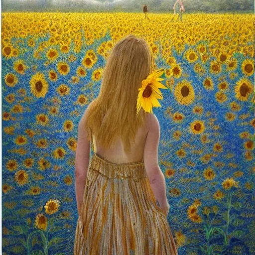 Image similar to a girl slowly walking through amazing tall sunflower field, her hair flowing down, subtle, intricate details, real masterpiece, oil on canvas, by somsak anong