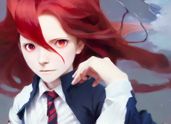 Image similar to little witch academia, red hair, white school uniform, intricate, sharp focus, illustration, highly detailed, digital painting, concept art, matte, art by ruan jia and wlop and greg rutkowski, masterpiece