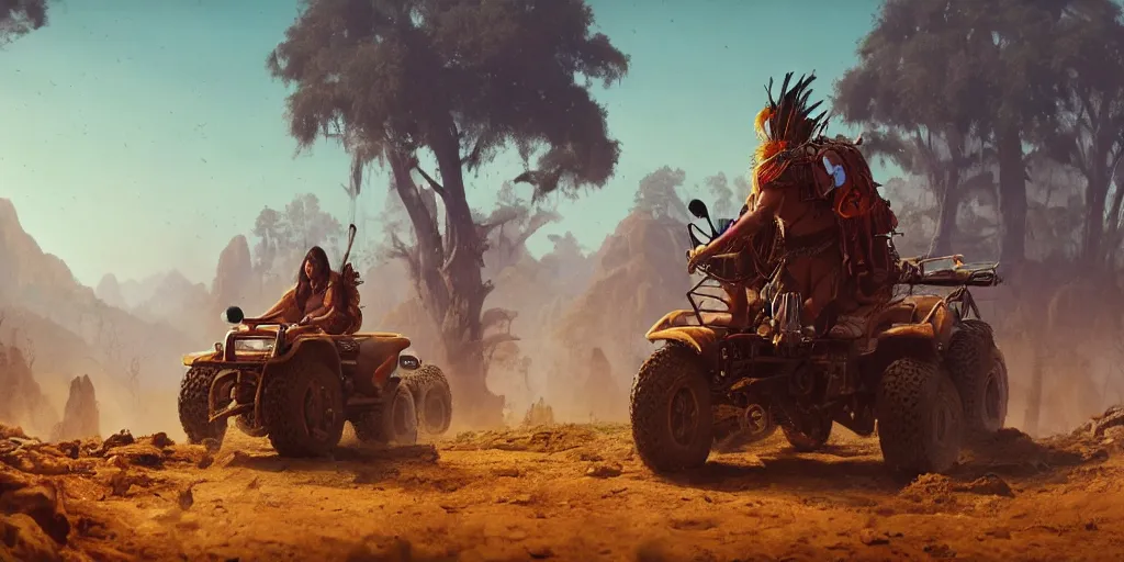 Image similar to native indian on atv attacking bufallos, action scene, an epic fantasy, dramatic lighting, cinematic, establishing shot, extremely high detail, photorealistic, cinematic lighting, artstation, octane render, by simon stalenhag, horizon forbidden west and futuristic western