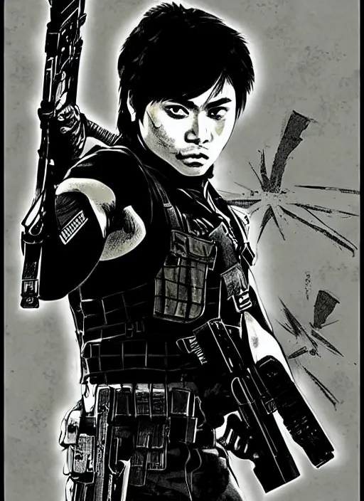 Prompt: coco martin as cardo dalisay from ang probinsyano in a poster shot, in the style of yoji shinkawa, in the style of metal gear solid cover art, gritty, dark hues