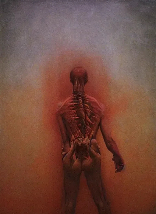 Image similar to Painting in a style of Beksinski featuring Vladimir Putin. Suffering and pain