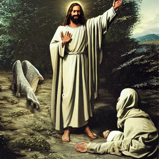 Image similar to Jesus Christ preaching to the dinosaurs