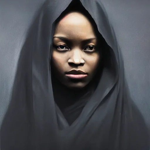 Image similar to a portrait of a young black woman wearing a long dark cloak, hood and shadows covering face, anatomically correct, beautiful perfect face, enigmatic, oil painting, matte painting, black background, Volumetric dynamic lighting, Highly Detailed, Cinematic Lighting, Unreal Engine, 8k, HD, by Beksinski