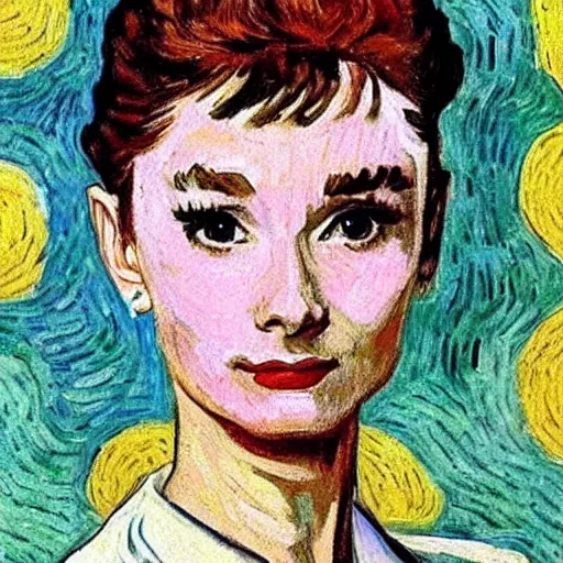 Image similar to audrey hepburn art by van gogh.