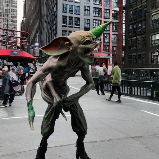 Image similar to photo of hyperealistic goblin in downtown nyc