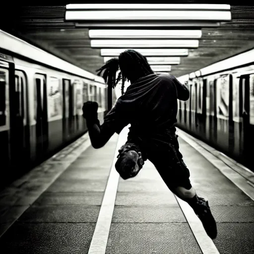 Image similar to man spartan kicking woman off train, cyberpunk, subway station, realistic, sharp, clear