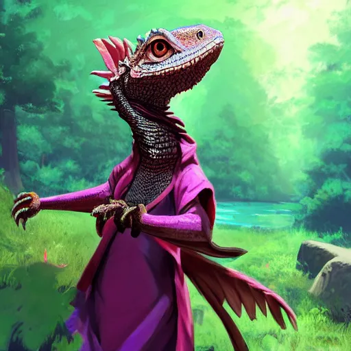 Image similar to concept art painting of an anthropomorphic bearded dragon anthro wearing magenta wizard robes, in the deep forest, realistic, detailed, cel shaded, in the style of makoto shinkai and greg rutkowski and james gurney