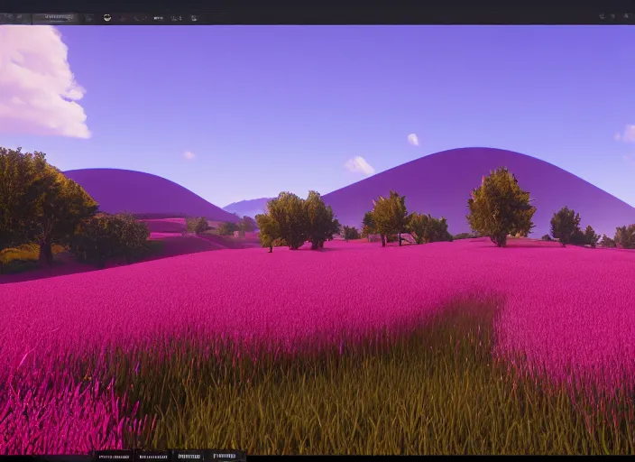 Image similar to fields full of flowers, pink and pyrple trees and blue sky with hills in the background. Intricate. Very detailed 8k. Fantasy horror. Sharp. Cinematic post-processing. Unreal engine. Nanite. Ray tracing. Parallax. Tessellation