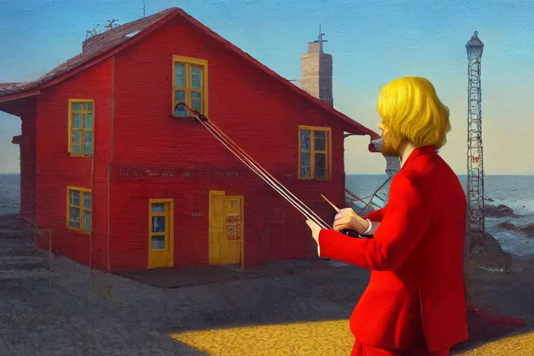 Prompt: a man in red playing the violin next to a yellow lightinghouse, the sun is shining and the ocean is blue, Painting, Fine Art, Unreal Engine, Karol Bak