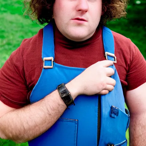 Image similar to close up headshot of a frowning clean shaven pudgy British lad with short curly dark brown hair as a hobbit wearing a white men's crossbody sling chest bag and blue vest, blue vest!! white crossbody chestbag!! high resolution film still, by Lara Jade