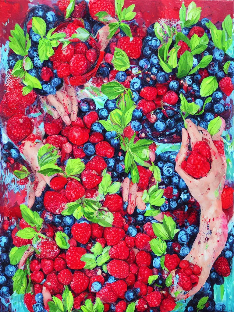 Image similar to “organic, a woman’s hands holding fresh raspberries and strawberries and blueberries, edible flowers, acrylic and spray paint and oilstick on canvas”