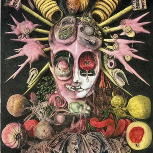 Image similar to post - punk new age album cover, asymmetrical design, dollar, money, bank notes, magic, apocalypse, psychedelic, black white pink, magic, giger h. r., giuseppe arcimboldo